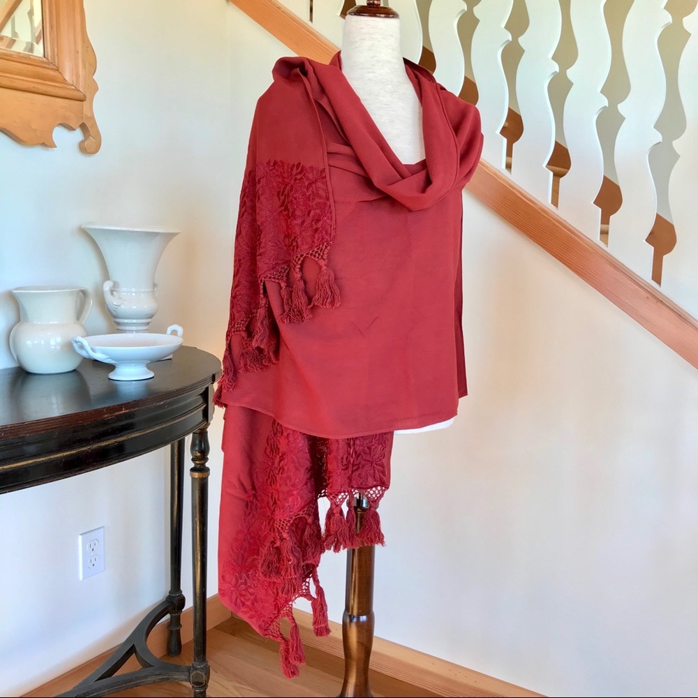 Crimson Embroidered Stole with Tassels